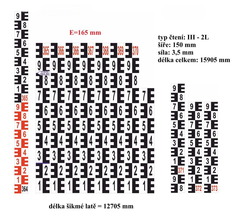 Grafický návrh šikmé i&nbsp;kolmé latě do limnigrafické stanice typu III-2L s&nbsp;E-blokem 165mm
