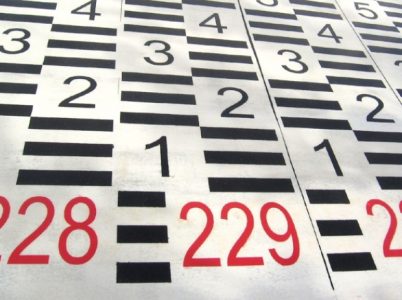 Vodočetná lať - černočervené číslování Vodočetná lať RIGEL s černými čísly 1-2-3-4 atd. a červeným zvýrazněním čísla 229. Standardní provedení s červeným značením důležitých hodnot.