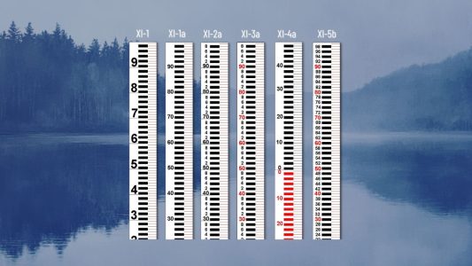 Příklady limnigrafů typu XI. Limnigraf / vodočetná lať typu XI – linky po 1 a 0,5 cm pro flexibilní přesnost